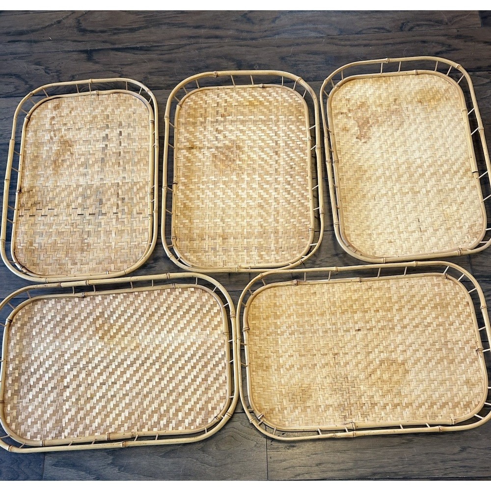 Vintage Set 5 Bamboo Rattan  Trays Woven Wicker Tiki  Farmhouse Decor Large 19"